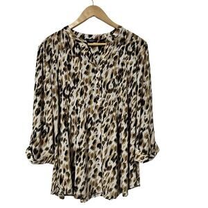 Cocomo Artsy Abstract Multicolor Top Size 2X Black Jersey Roll Tab Sleeve Career